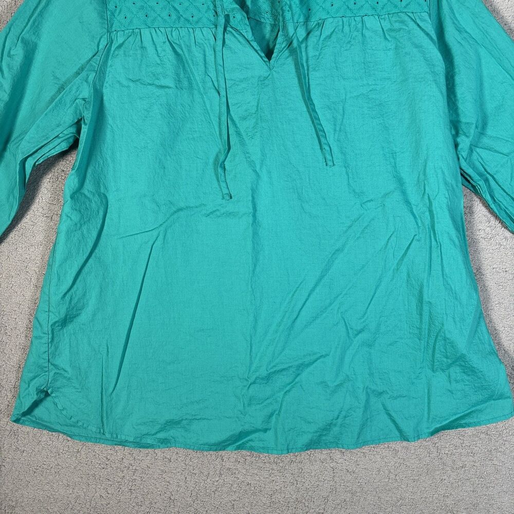 LL Bean Top Women’s Size M Teal Eyelet Chest Tie Neck‎ 3/4 Sleeve Blouse Shirt - Picture 4 of 11